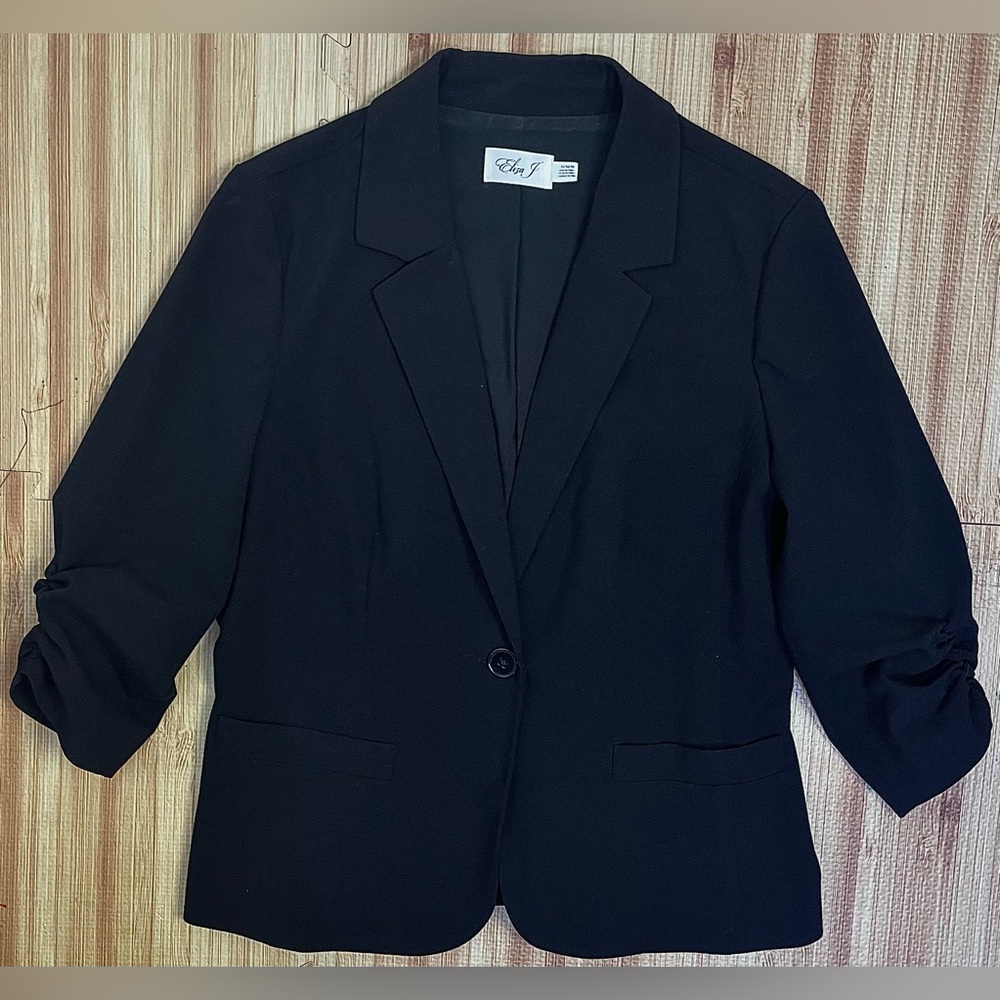 ELIZA J • Black Single Button Ruched Sleeve Blazer • Preppy • Business Casual • - Picture 10 of 14